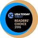 A circular badge with USA TODAY 10Best Readers Choice 2014 written in white and yellow text on a black and blue background, bordered by a gold ring, highlighting prestigious awards recognition.
