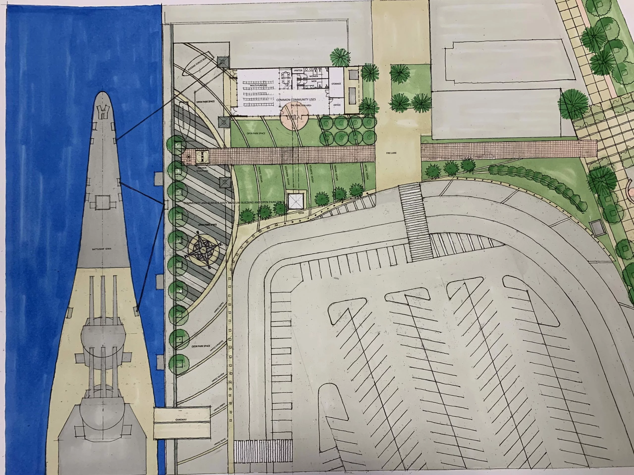An architectural site plan showing a ship docked by a waterfront, adjacent green spaces, paths, buildings, parking lot, and landscaped areas with trees and walkways highlights designated zones for announcements and community gathering.