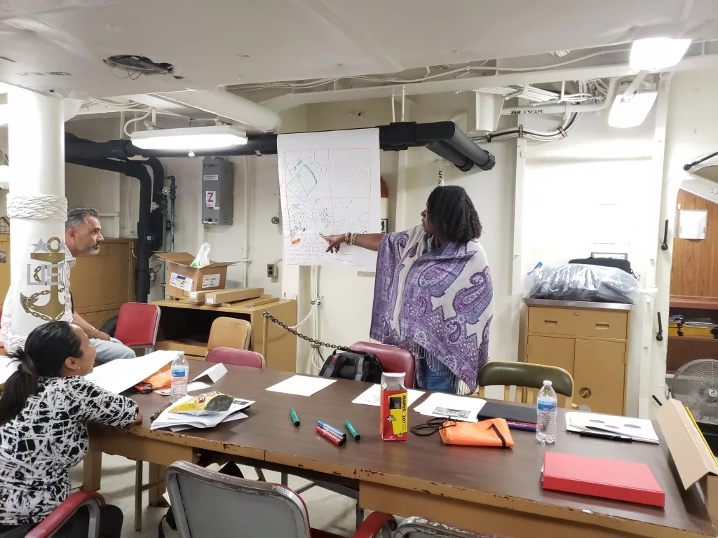 A woman stands and points at a chart on the wall while two people sit at a table listening. The table holds papers, notebooks, and markers. The room appears to be a workshop or classroom with industrial decor.