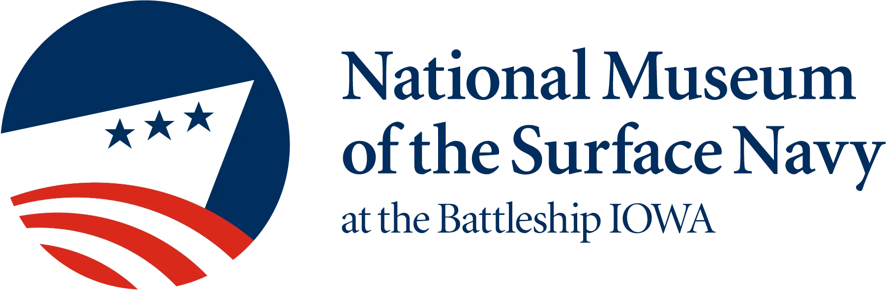 Logo for the National Museum of the Surface Navy at the Battleship Iowa, featuring a stylized ship bow with three stars and red stripes in a blue circle—an emblem crafted with applied minds for design to reflect innovation and heritage.