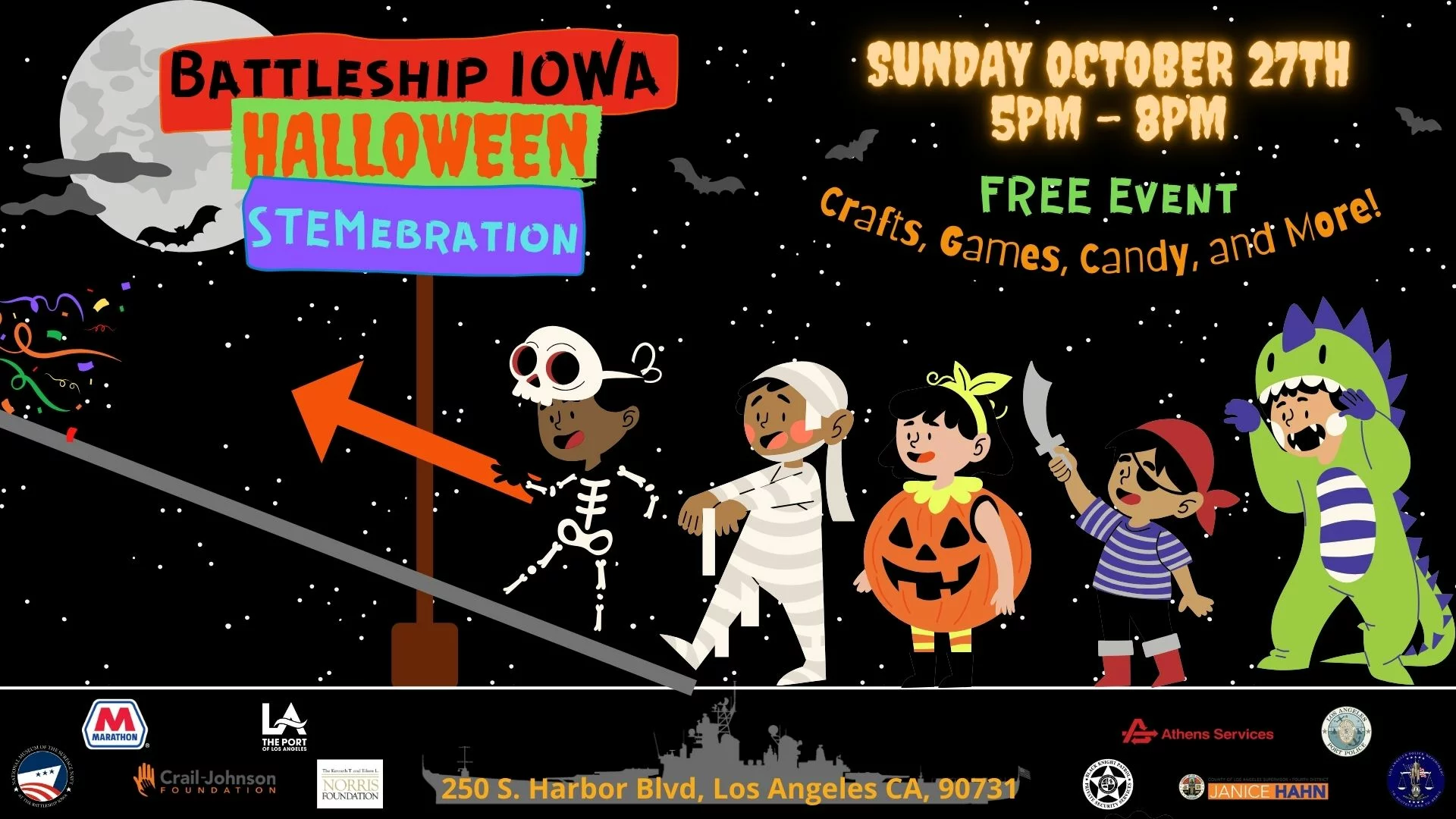Five kids in Halloween costumes walk toward a decorated sign for Battleship Iowa Halloween Semeberation, with event details, bats, and stars in the background. The scene advertises a free event with crafts, games, and candy.