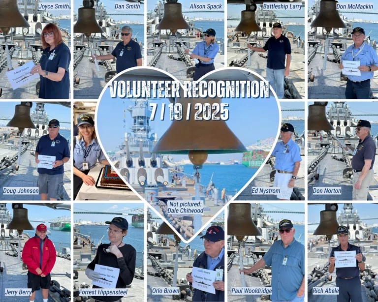 Collage of 13 volunteers on a ship holding Volunteer signs, with a heart shape in the center reading Volunteer Recognition 7/19/2025. Ship and harbor are visible in the background.