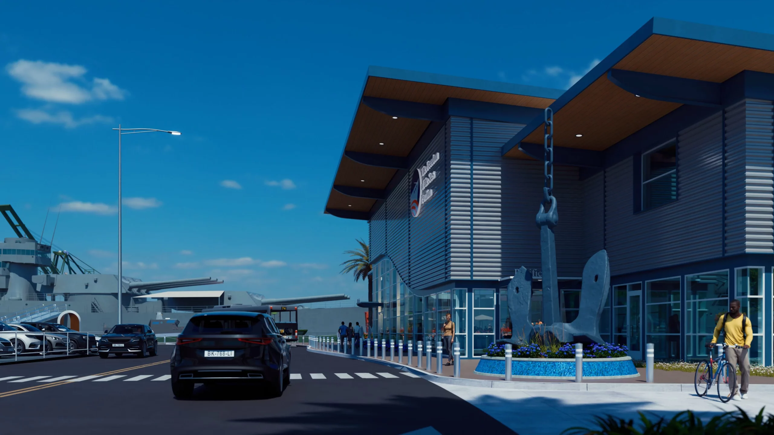 A modern pavilion building with large anchors at the entrance is shown. People walk and bike nearby in the park, while a black car and a battleship named Freedom of the Seas are visible in the background under a bright blue sky.