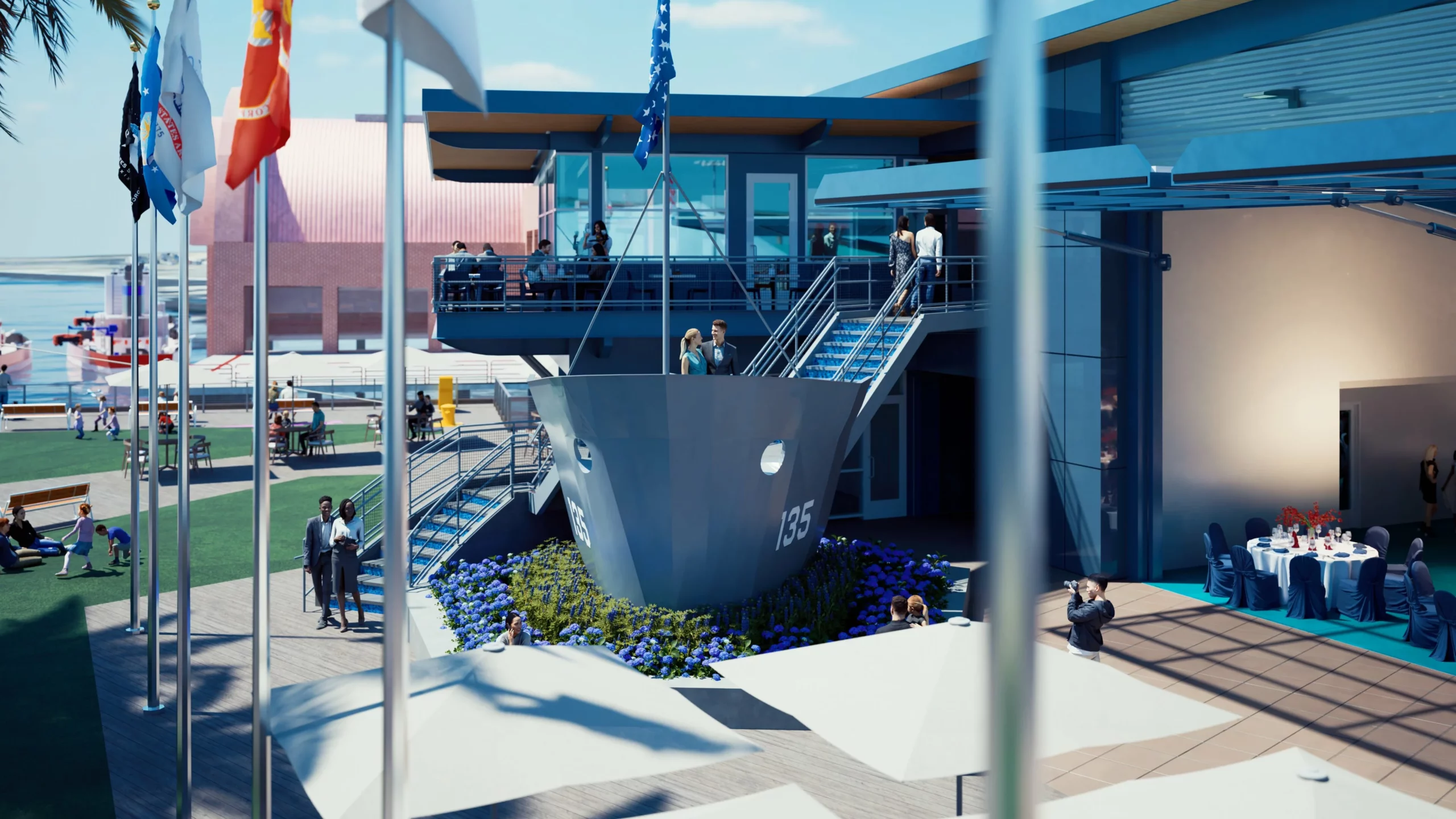 A modern building with a naval-themed entrance shaped like a ship’s bow stands proudly at the Freedom of the Seas Pavilion, featuring inviting outdoor seating where people socialize and enjoy a waterfront view with boats in the background on a sunny day.