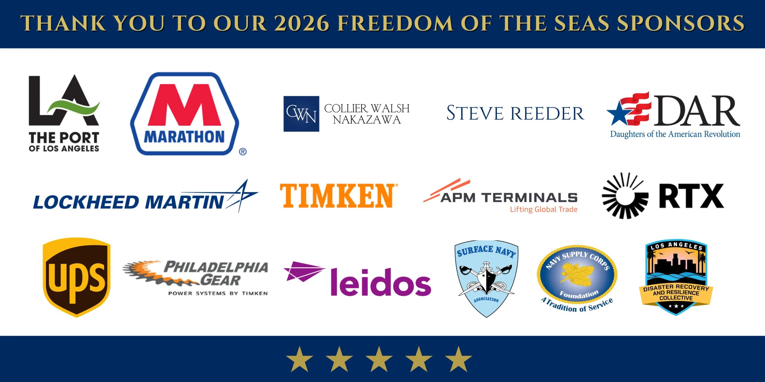 Logos of 15 sponsors, including The Port of Los Angeles, Marathon, DAR, Lockheed Martin, Timken, UPS, and others, under the heading Thank you to our 2026 Freedom of the Seas sponsors..
