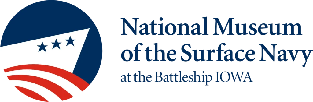 Logo for the National Museum of the Surface Navy at the Battleship IOWA, featuring a stylized ship with three stars and red stripes in a circle next to the museums name in blue text.