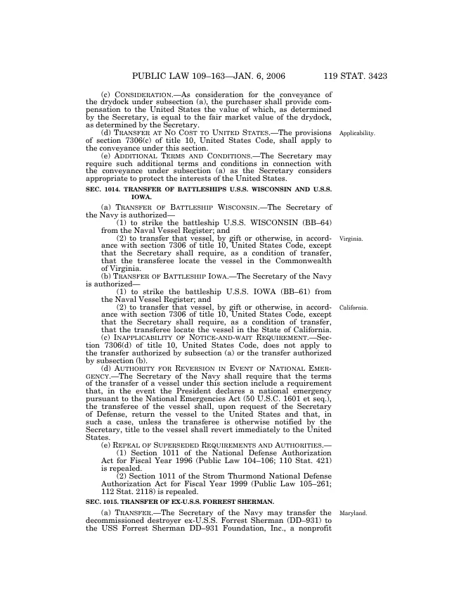 A scanned page of a U.S. law document details the transfer of naval vessels, including battleships Wisconsin (BB-64) and Iowa (BB-61), and the destroyer Forrest Sherman (DD-931), to nonprofit organizations.