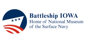 Logo with a stylized ship, three stars, and red stripes, next to the text Battleship IOWA Home of National Museum of the Surface Navy..