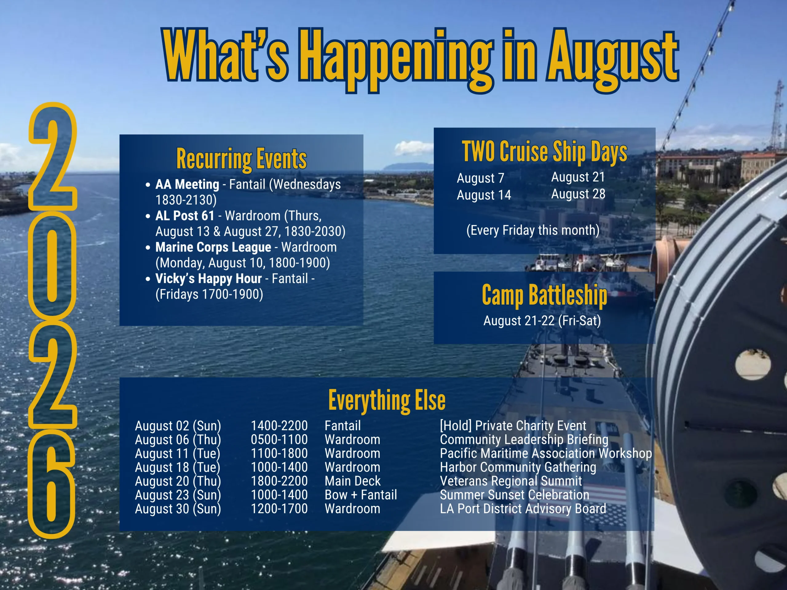 August 2026 crew calendar Event poster titled Whats Happening in August 2026 with a ship and harbor background, listing recurring events, cruise ship days, a camp battleship event, and other scheduled activities.