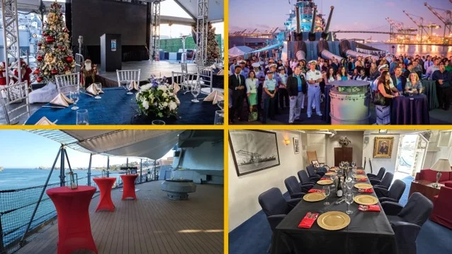 A collage shows four event spaces: decorated tables near a Christmas tree, a group aboard a ship, a deck with red-covered tables by water, and a formal dining room with navy chairs and gold chargers.