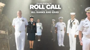 A diverse group of military personnel from different branches and eras—including distinguished Surface Warriors—stands under the text Experience Roll Call with crews from all ranks and eras against a misty gray background, echoing the spirit of Phase 1 at the National Museum of the Surface Navy.