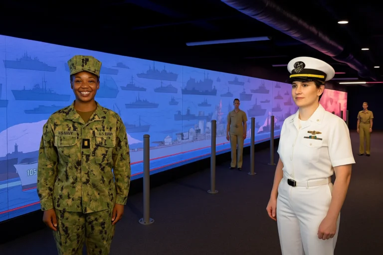 Life of a Sailor. Two U.S. Navy officers, one in camouflage uniform and one in white dress uniform, stand indoors near a digital wall displaying ship silhouettes—a visual reminder of where it began and why it still matters to honor naval traditions. Two more officers in khaki uniforms are visible in the background.