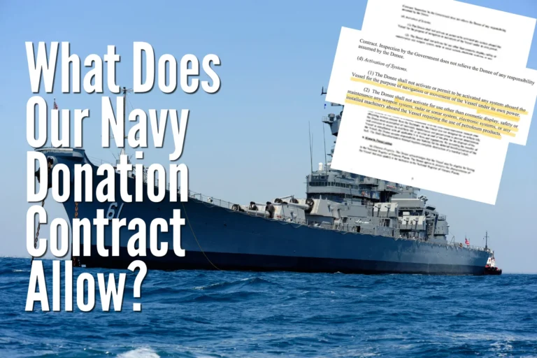 A navy ship sails on blue water. Large white text reads, What Does Our Navy Donation Contract Allow? An overlay shows a highlighted legal document excerpt.