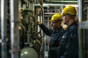 Two workers wearing yellow helmets and blue uniforms inspect industrial machinery in a factory setting, surrounded by pipes and equipment.