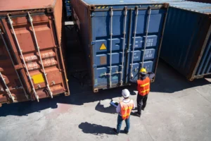 Two workers in safety vests and helmets inspect and take notes in front of large shipping containers at a shipping yard, seen from above.