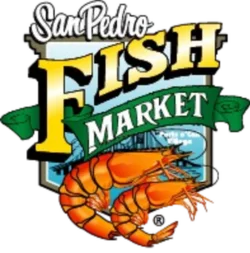 Logo for San Pedro Fish Market featuring bold yellow and green text with two large orange shrimp in front of a harbor scene. Logo for San Pedro Fish Market featuring bold yellow and green text with two large orange shrimp in front of a harbor scene.