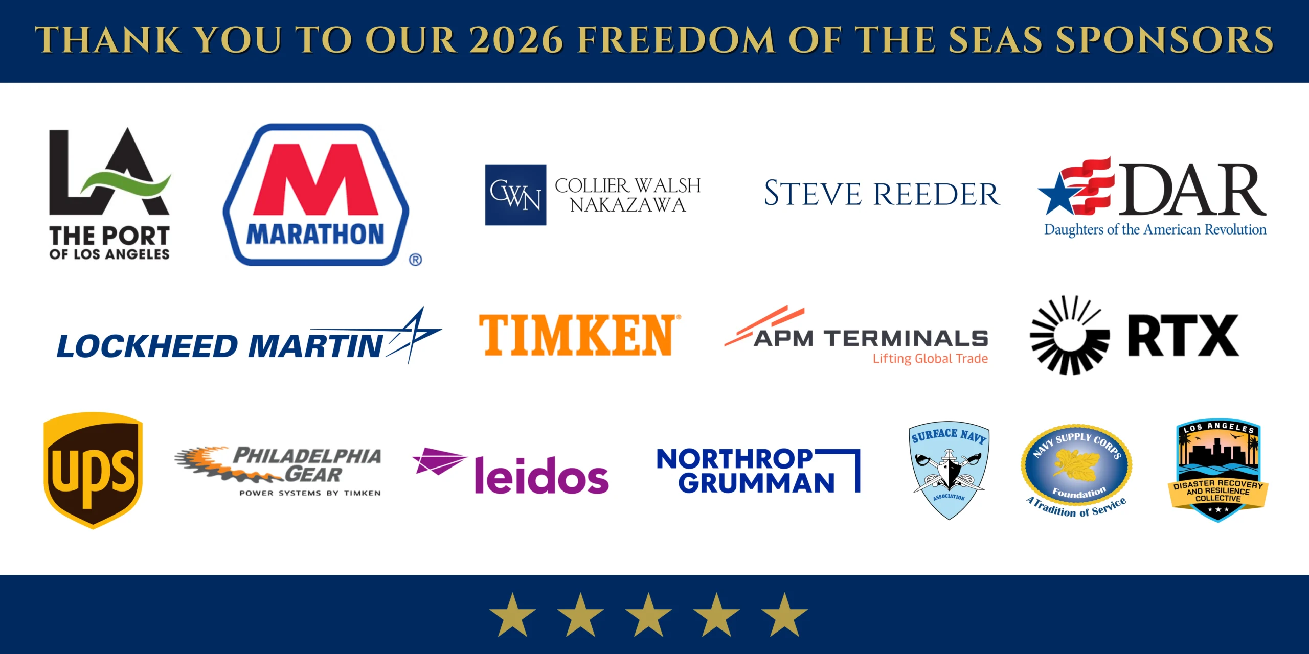 Sponsor logos and names, including Port of Los Angeles, Marathon, UPS, Lockheed Martin, Northrop Grumman, and others, under the heading Thank You to Our 2026 Freedom of the Seas Sponsors.. Sponsor logos and names, including Port of Los Angeles, Marathon, UPS, Lockheed Martin, Northrop Grumman, and others, under the heading Thank You to Our 2026 Freedom of the Seas Sponsors..
