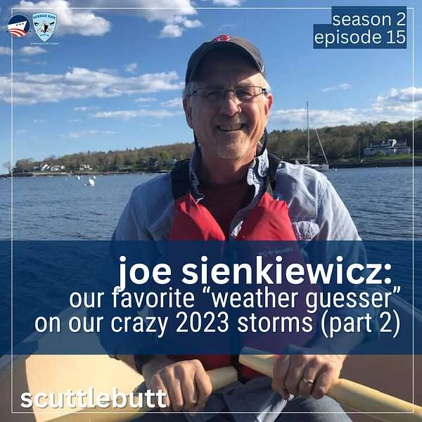 A smiling man wearing glasses and a red life jacket sits in a boat on a sunny lake. Text overlay promotes a podcast episode about 2023 Storms featuring weather guesser Joe Sienkiewicz.