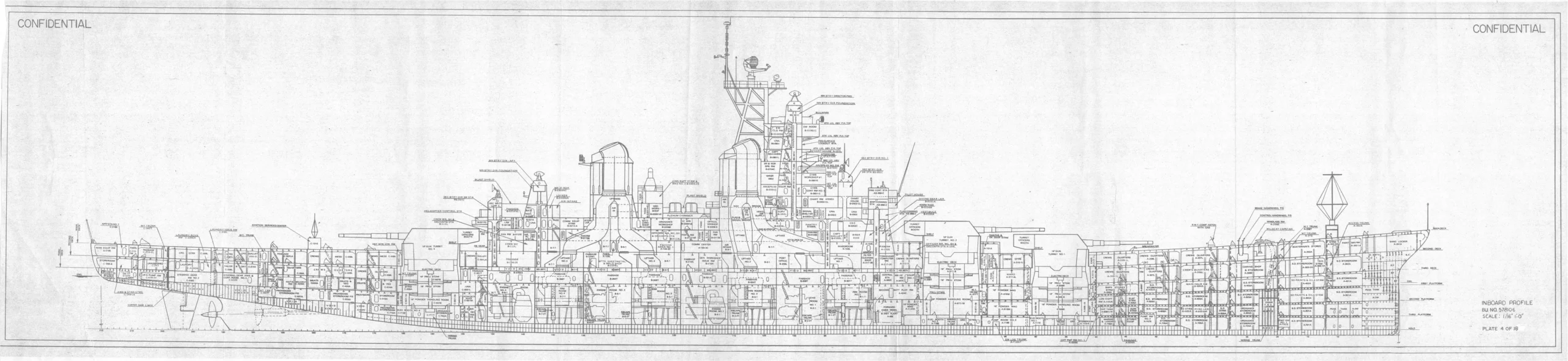 Black and white technical blueprint of a ships side view, showing detailed labeled compartments, decks, and structural elements, with CONFIDENTIAL printed at the top corners.