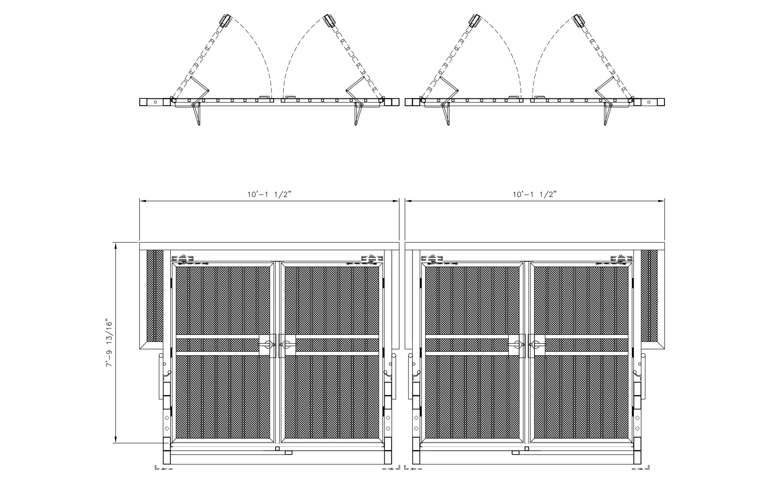 Technical drawing showing front and side views of two adjacent window structures with overhead awnings, labeled dimensions, and details of opening mechanisms.