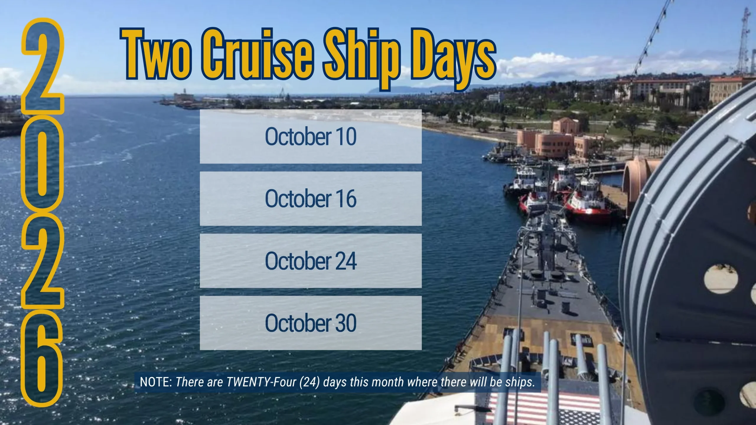 october-ships A schedule of events for September 2026 is overlaid on a photo of a ship docked at a harbor, listing recurring events, cruise ship visits, and various community activities.